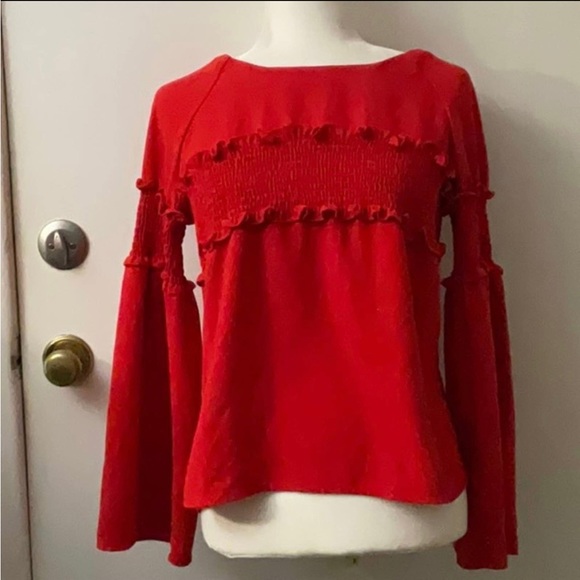 Amaryllis Apparel ruffled blouse Long Bell Sleeves solid Red Size Small - Picture 3 of 15